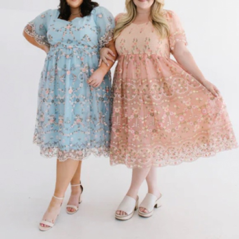 Noliabae-Blue and Pink Floral Midi Dresses-1x